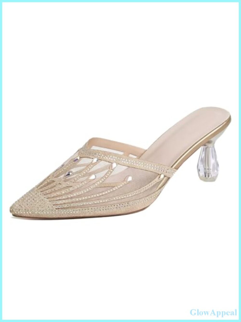 Tulle Rhinestone Pointed Toe Heeled Mule Sandals Slip On for Prom Wedding